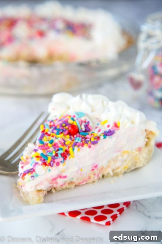 Celebration Funfetti Cheesecake Pie 2 A vibrant slice of Funfetti Cheesecake Pie on a white plate, adorned with colorful sprinkles and a dollop of whipped cream, inviting you to indulge in this celebratory dessert.