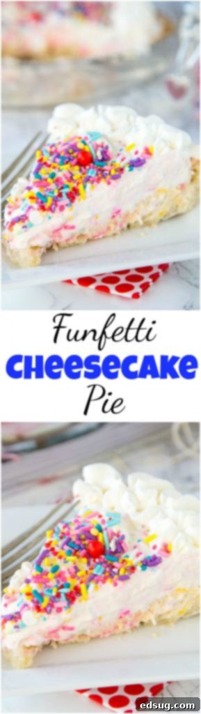Celebration Funfetti Cheesecake Pie 5 A beautifully composed flat lay image of the Funfetti Cheesecake Pie, highlighting its celebratory appeal with a focus on sprinkles, perfect for sharing on social media.