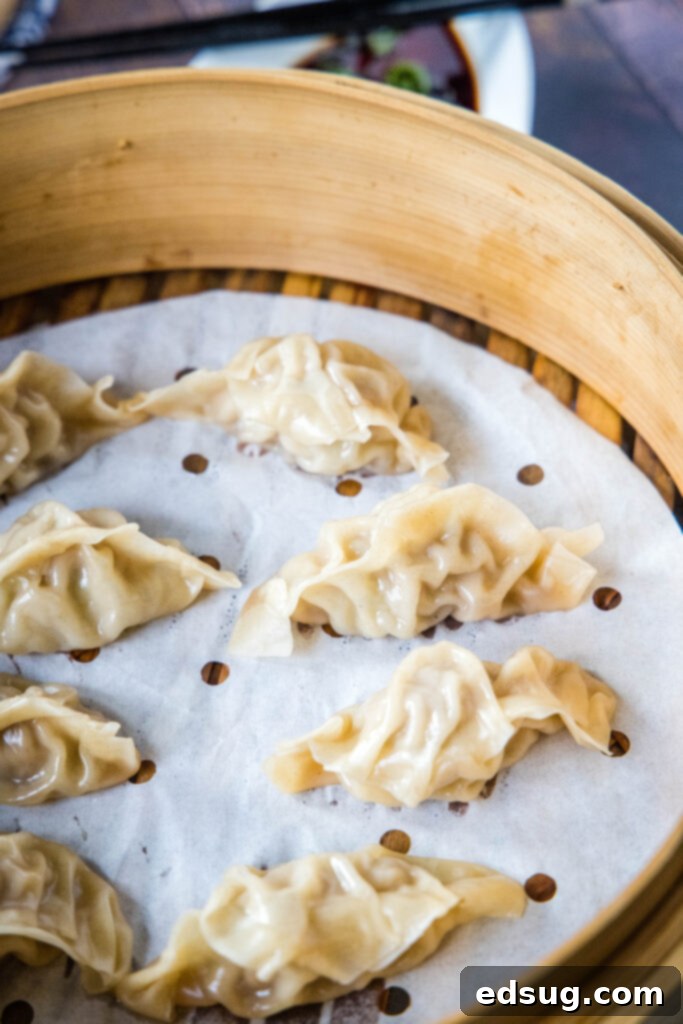 Several plump pork dumplings arranged neatly inside a traditional bamboo steamer basket, steam gently rising.