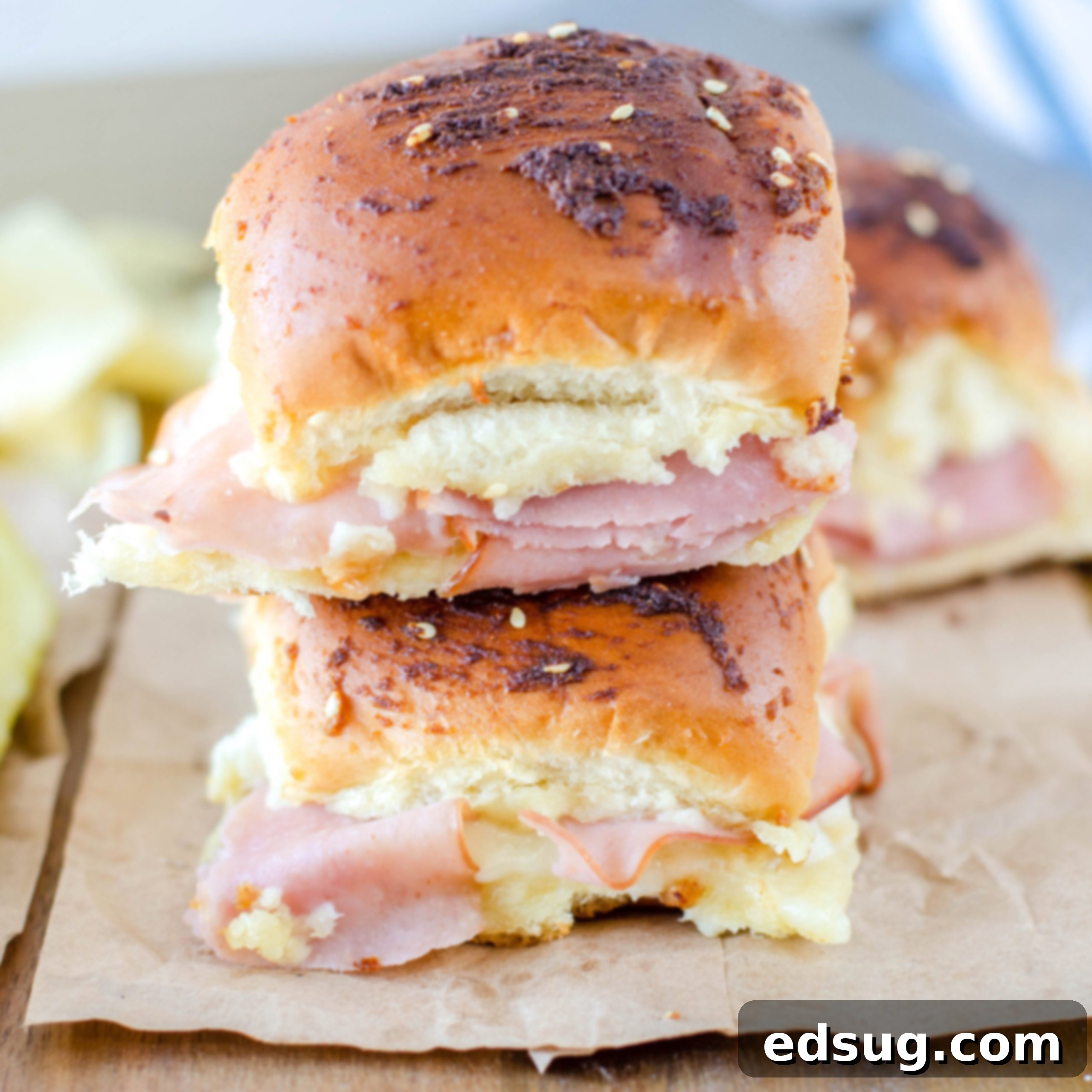 close up of ham and cheese sandwich