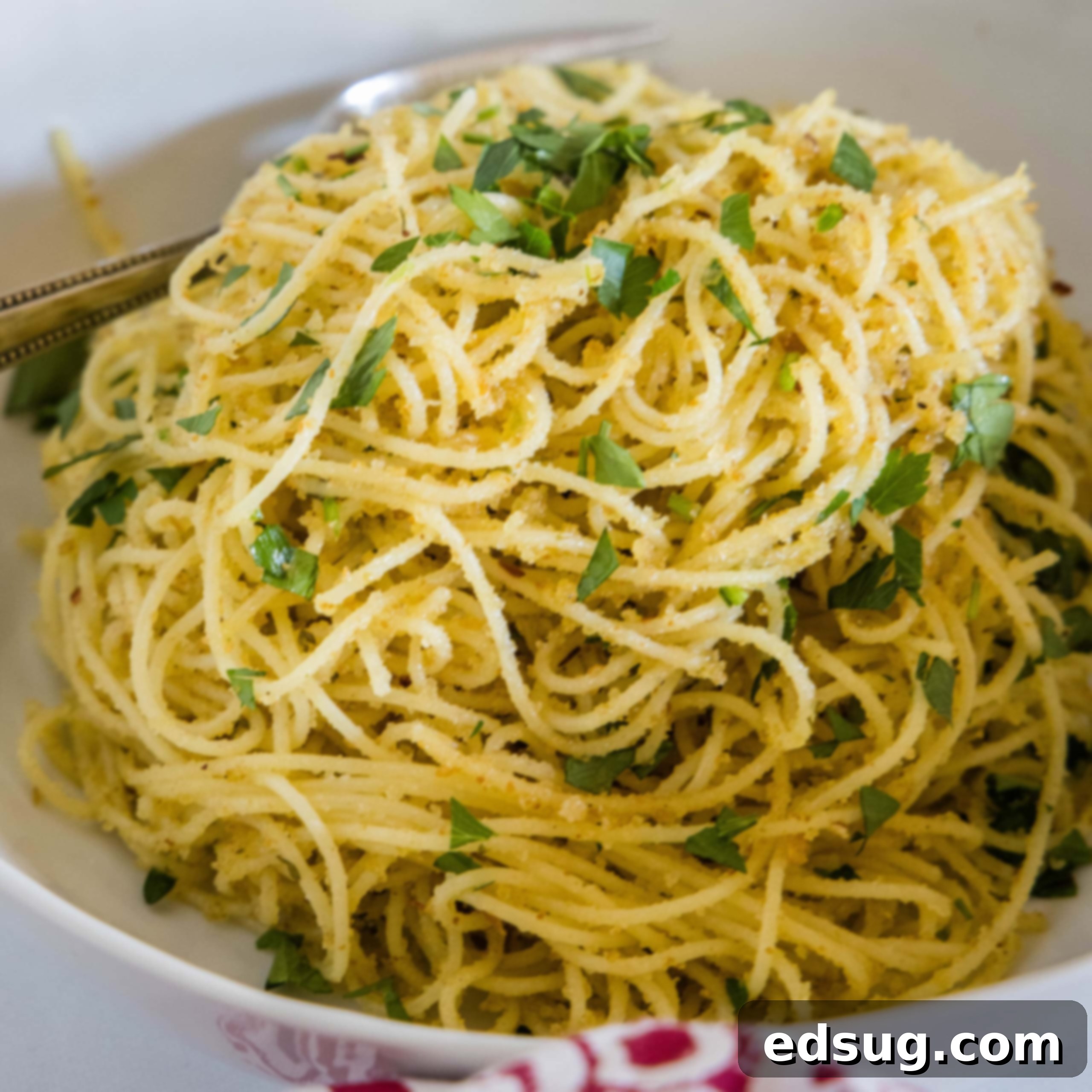 close up pasta with breadcrumbs in a bowl