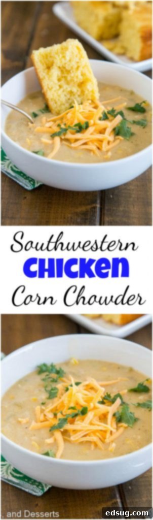 A vibrant collage featuring four images of Southwestern Chicken Corn Chowder: a bowl with cornbread, a close-up, simmering in a pot, and garnishing with fresh cilantro.