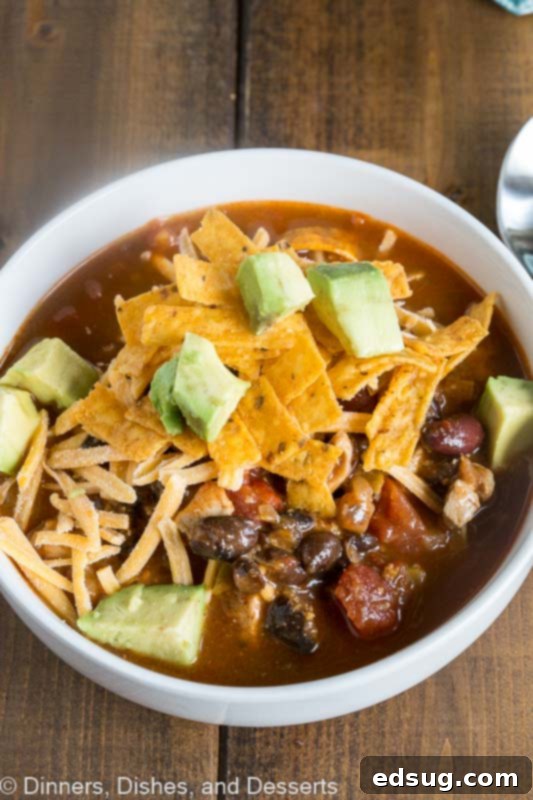 Zesty Chicken Enchilada Bowl 4 An overhead view of a steaming bowl of Chicken Enchilada Soup, garnished with vibrant avocado cubes and crispy tortilla strips, ready to be devoured.