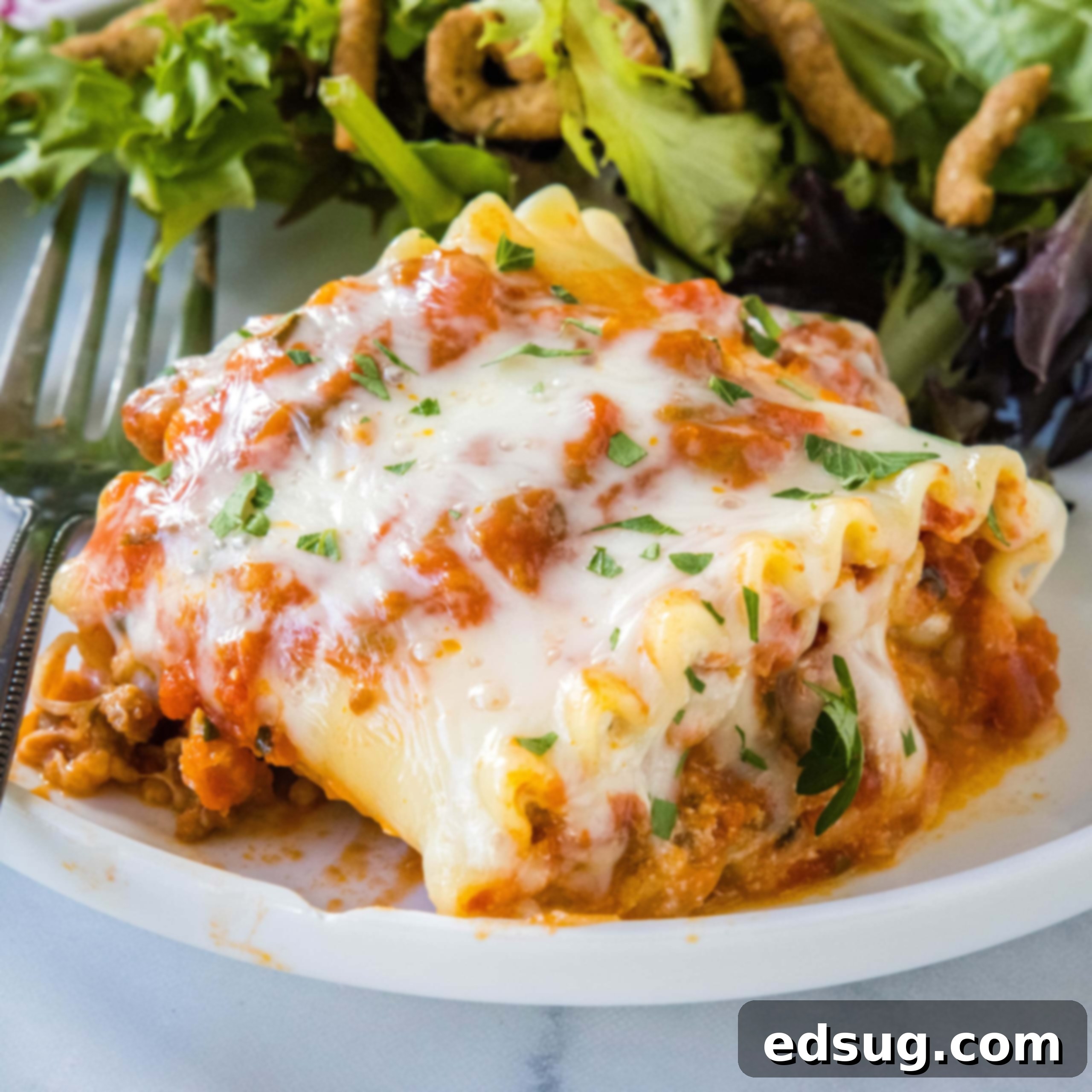A lasagna roll up served on a plate with green salad on the side.