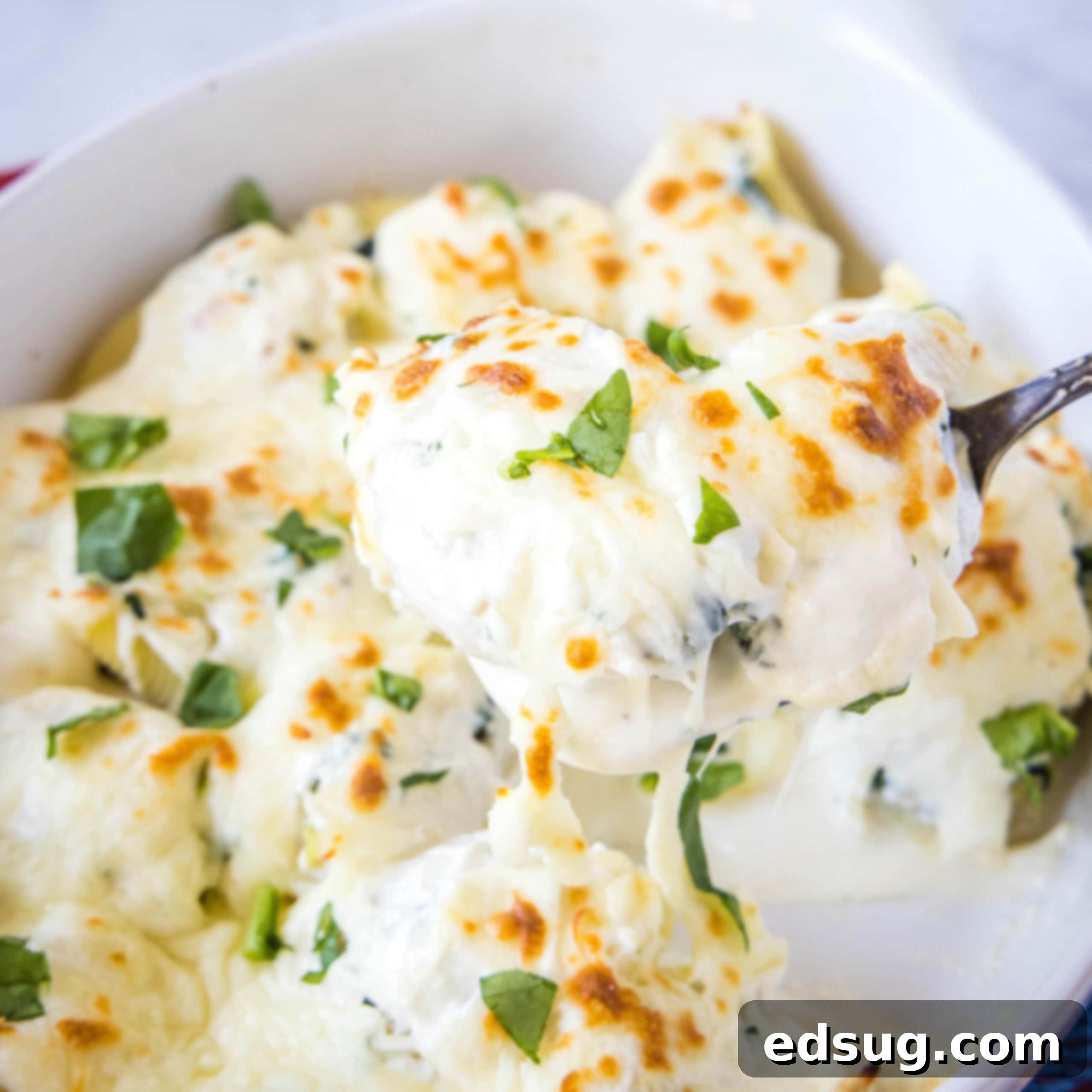 close up scooping alfredo stuffed shells out of baking dish