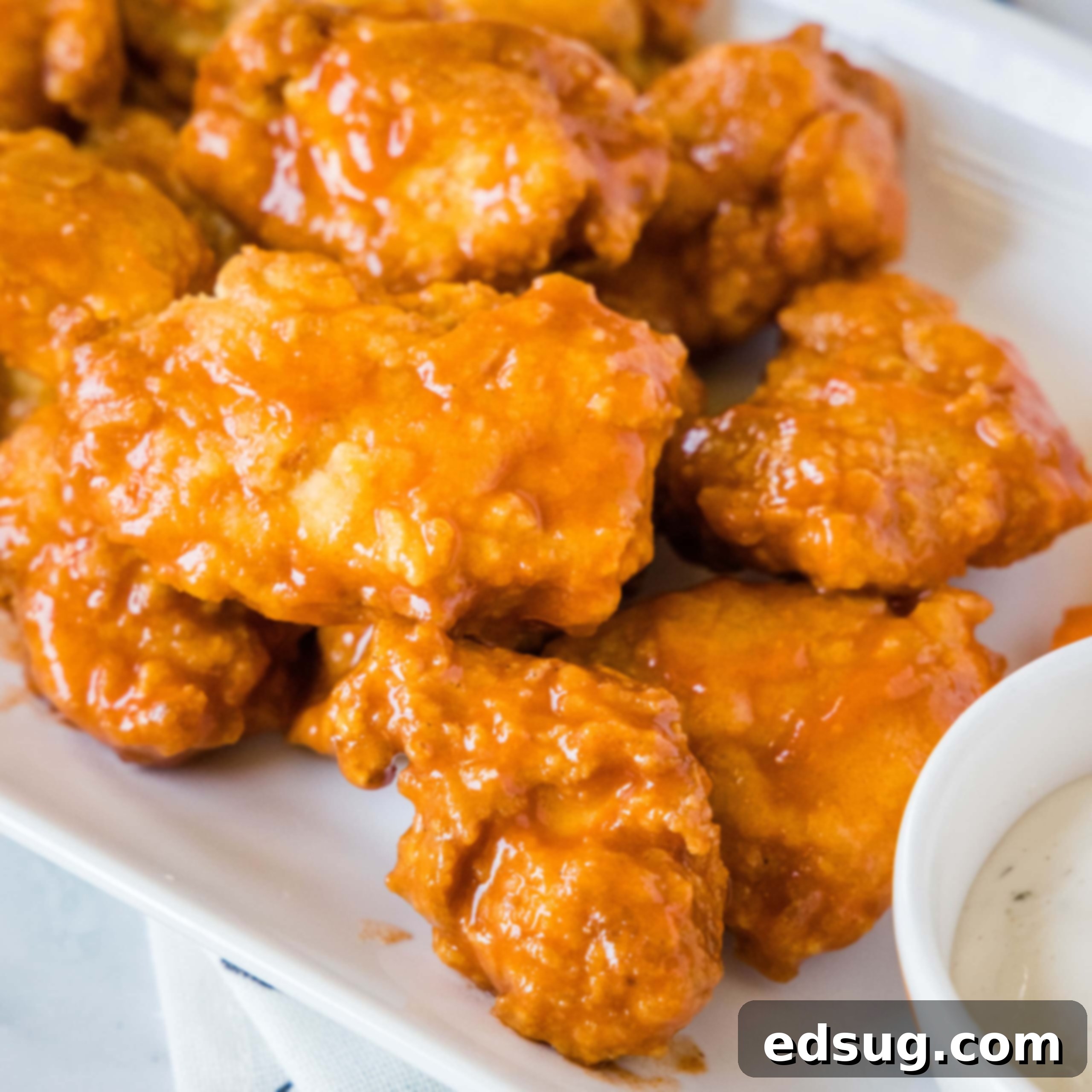 Cluck-Worthy Chicken Meals 36 close up boneless chicken wings on a white plate with ranch