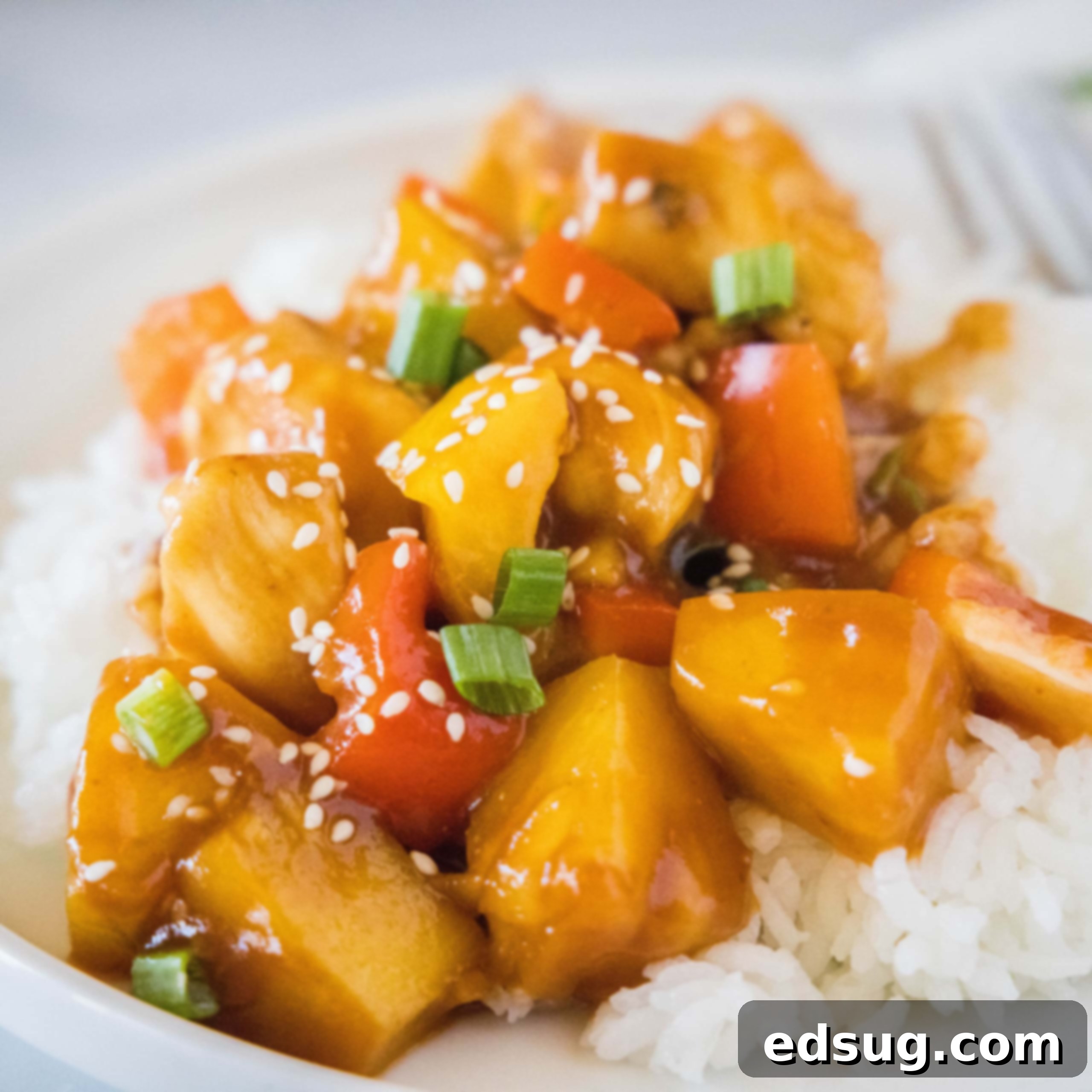 Cluck-Worthy Chicken Meals 50 close up hawaiian chicken on a plate over rice