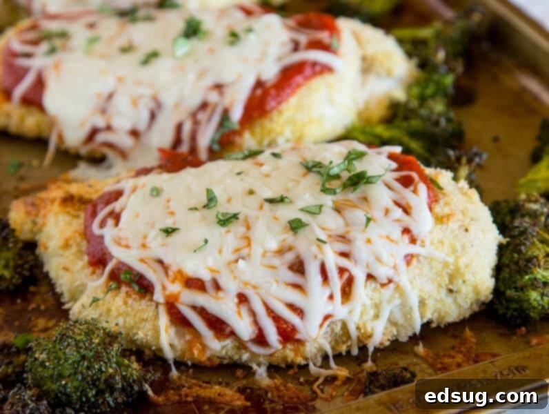 Cluck-Worthy Chicken Meals 9 Baked Chicken Parmesan with Roasted Broccoli - a healthier version of chicken parmesan all made one one skillet! Super easy, quick and definitely family friendly.