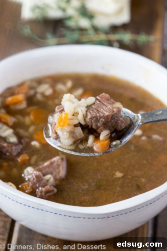 A close-up of Beef Barley Soup with a spoon, highlighting its rich texture and ingredients. Spoon lifting a portion of tender beef and barley soup from a bowl.
