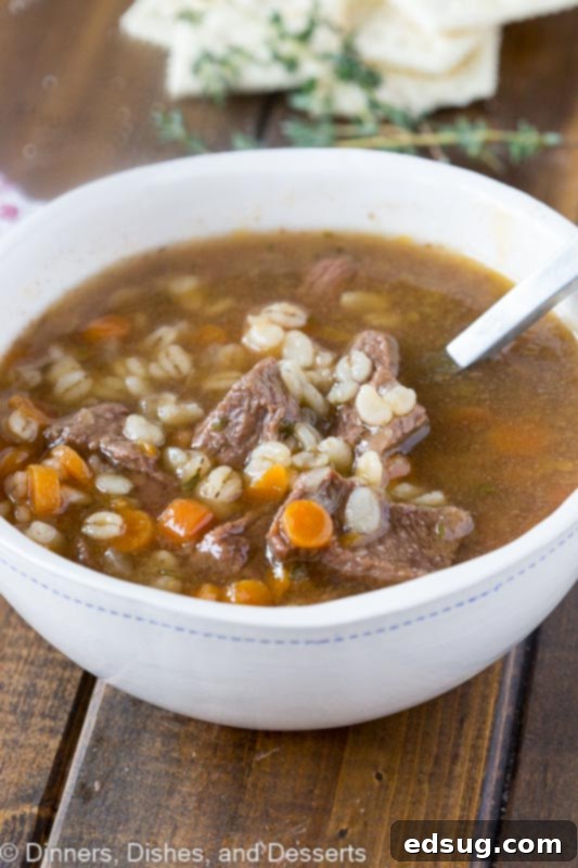 Delicious Beef Barley Soup, showcasing the rich broth and tender ingredients. A bowl of beef barley soup, ready for a comforting meal.