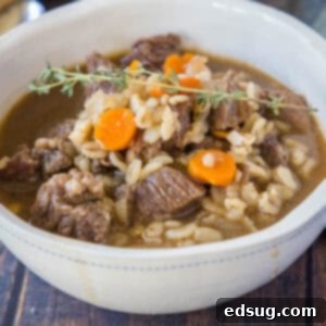 Hearty Beef Barley Soup 2 cropped close up beef barley soup in a bowl
