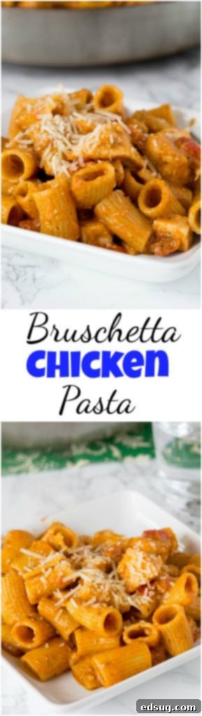 Bruschetta Chicken Pasta - an incredibly easy and flavorful chicken pasta loaded with juicy tomatoes, seasoned chicken, and a flavorful pesto sauce, topped with Parmesan cheese. Perfect for a quick and satisfying weeknight meal. #food #pasta #recipe #italianchicken #chicken #pesto Bruschetta Chicken Pasta collage showing preparation and final dish with ingredients, highlighting an easy Italian chicken recipe with pesto, tomatoes, and pasta.