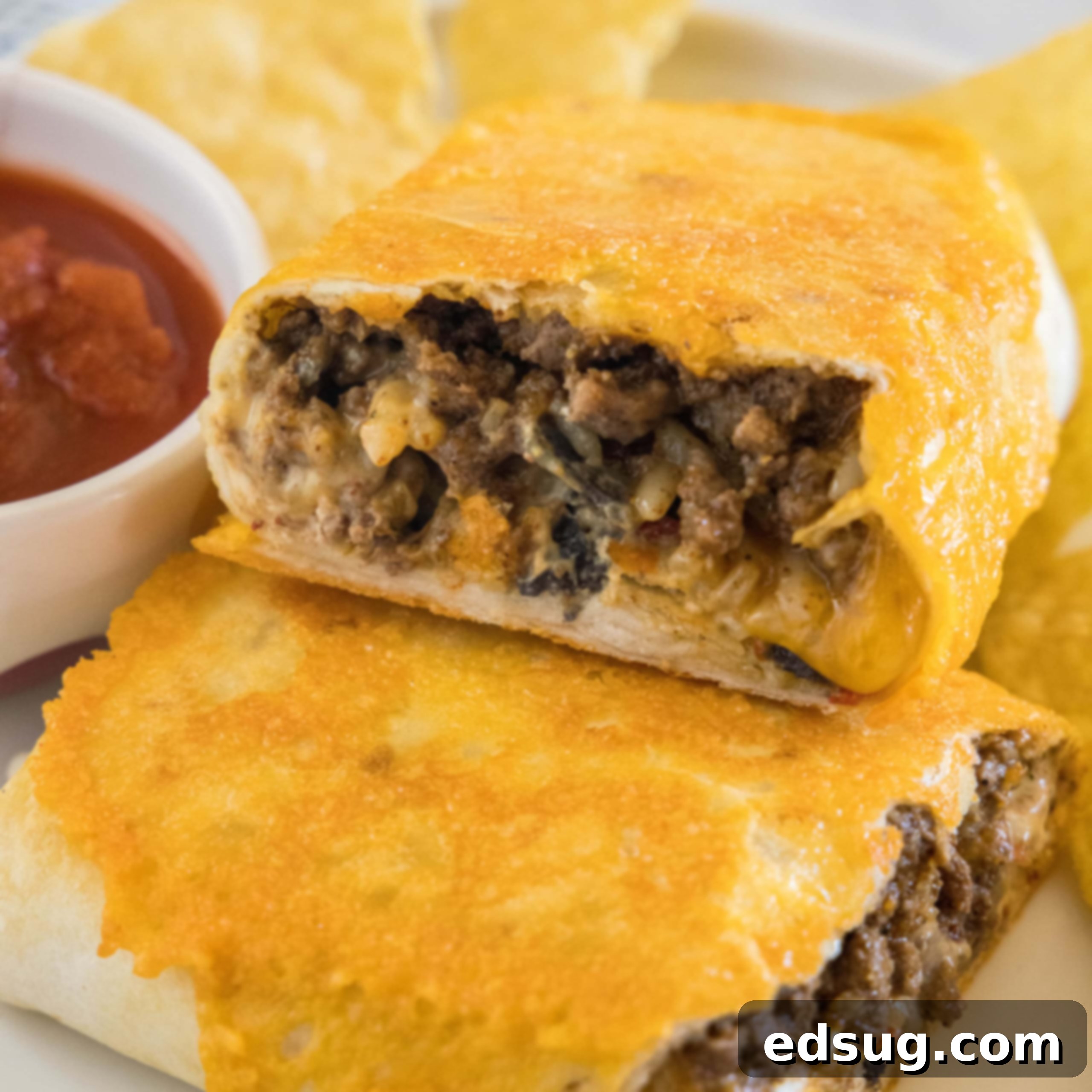 Two halves of a grilled cheese burrito stacked on a plate next to salsa in a ramekin.