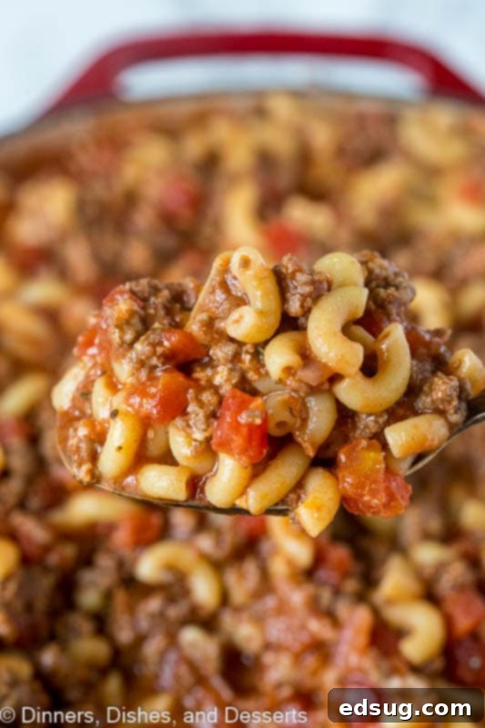 Close up of a spoonful of goulash with a pot of goulash in the background