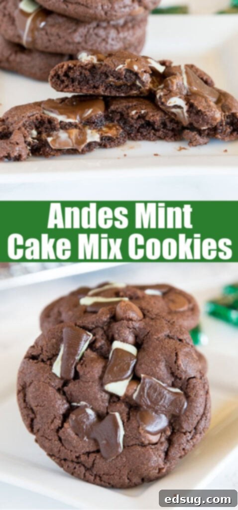 Close-up of a single Andes Mint Cake Mix Cookie, highlighting its soft center and melted mint topping.
