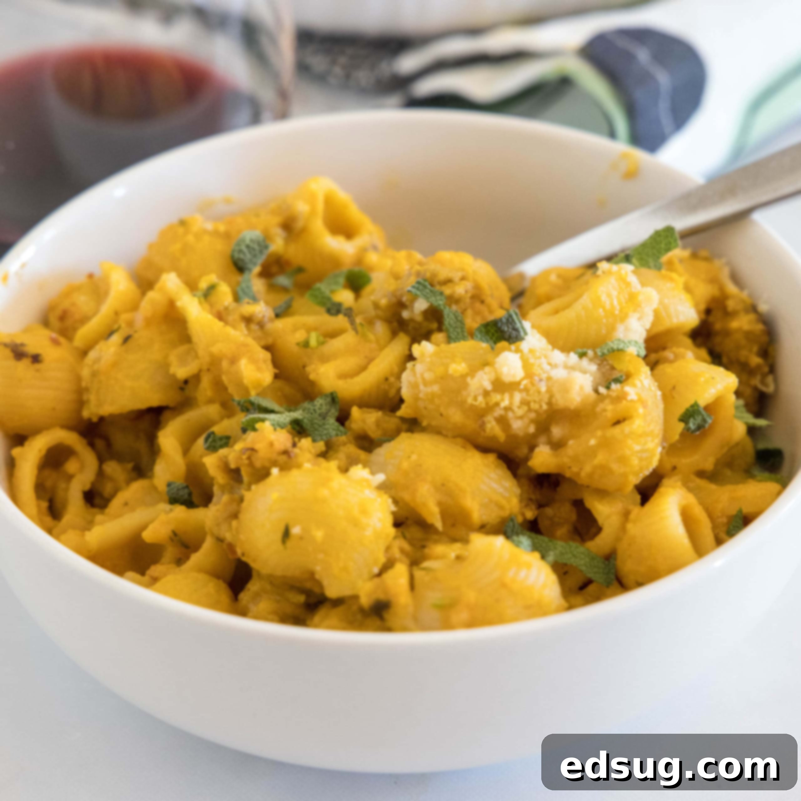 close up pumpkin pasta in a bowl