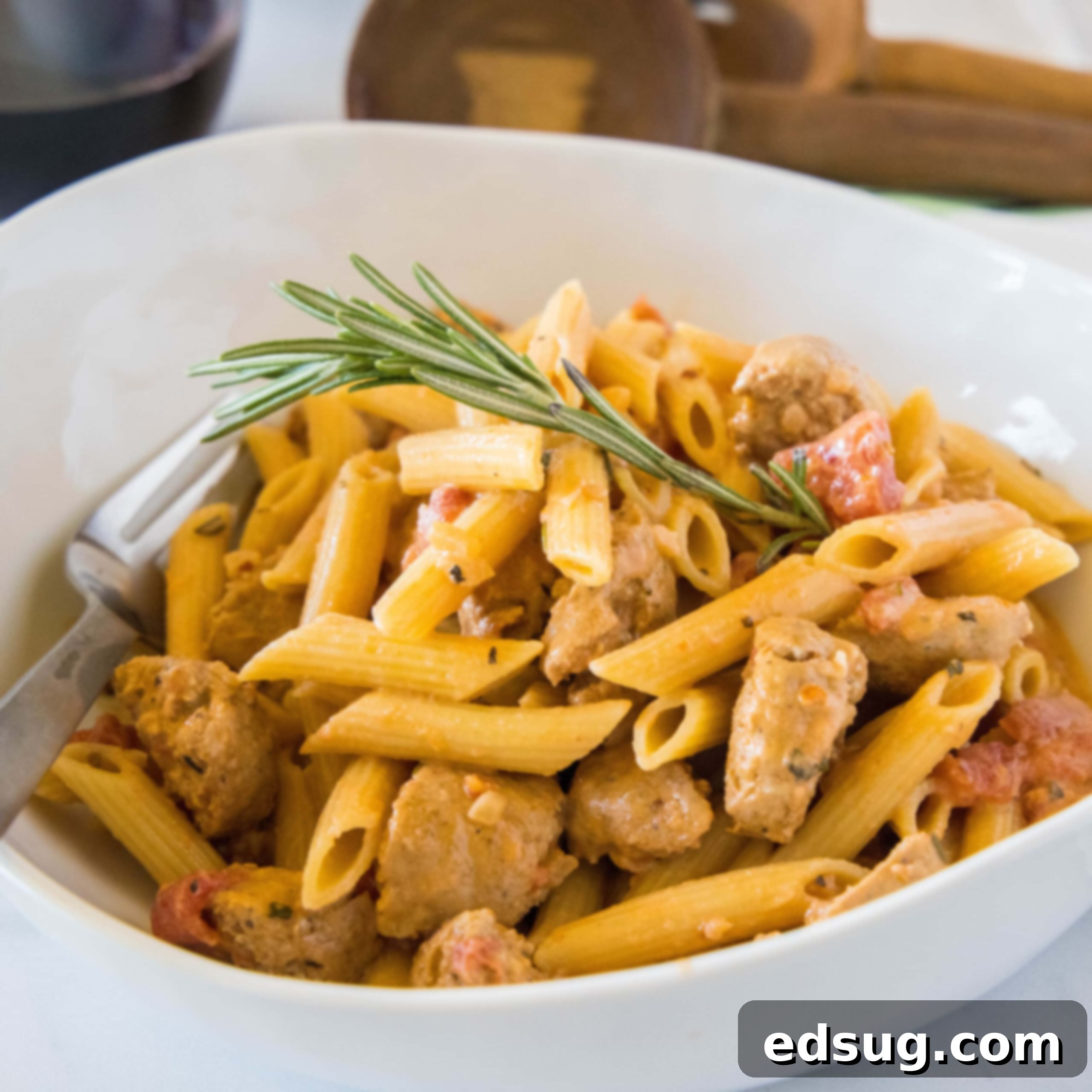 white bowl if creamy sausage pasta