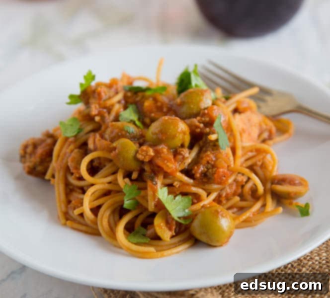 Spanish Spaghetti with Olives - a Spanish twist on your classic spaghetti with meat sauce! A quick and easy dinner the whole family will love!