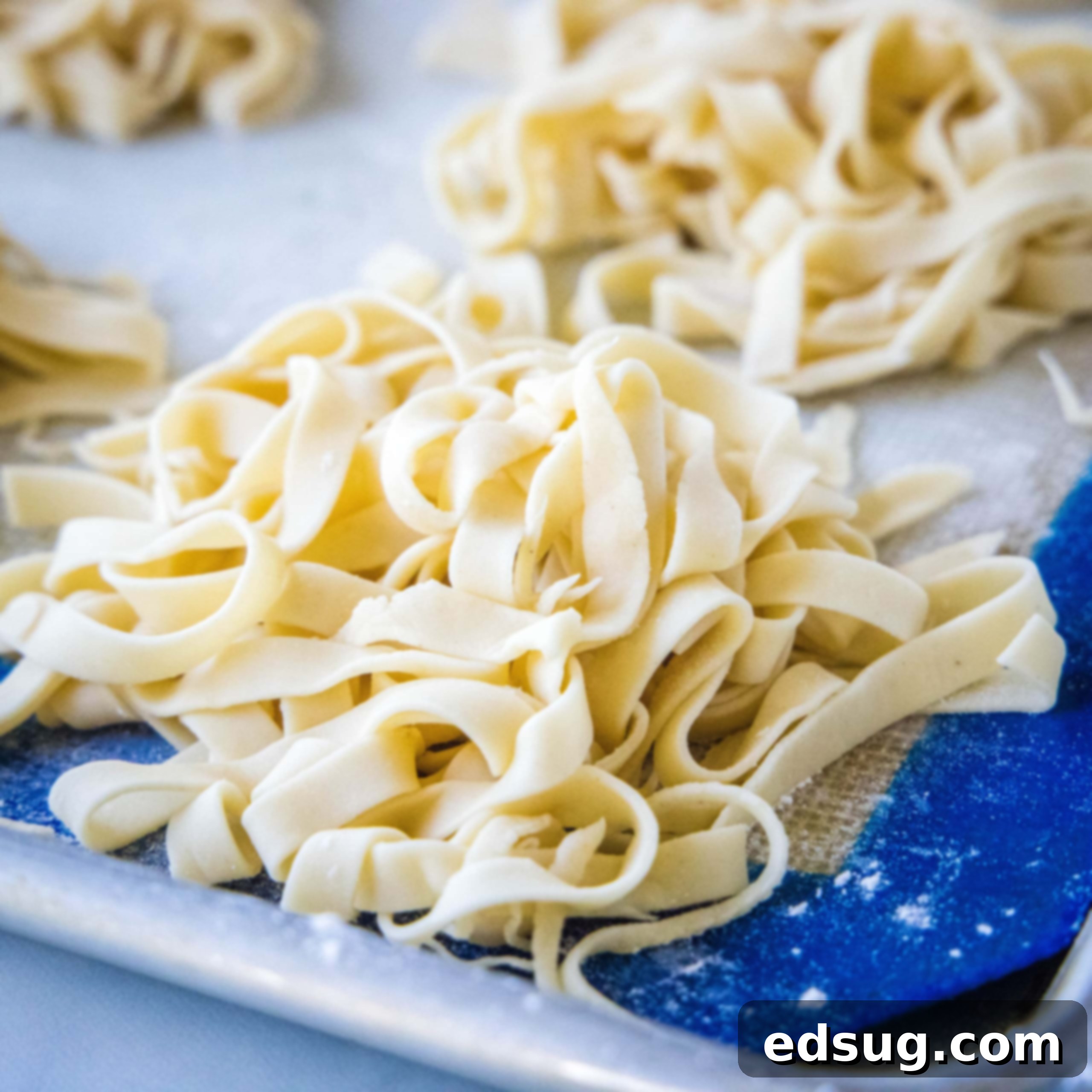 square close up fresh cut pasta on a baking sheet