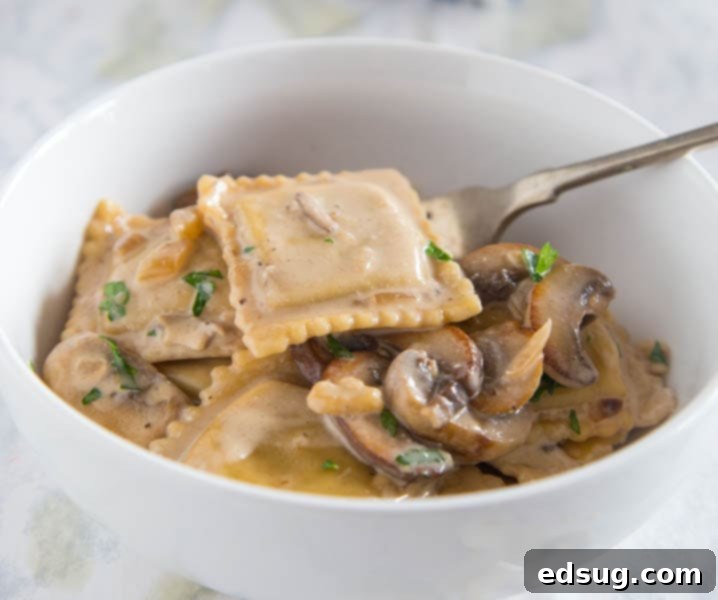 beef stroganoff ravioli skillet in a bowl