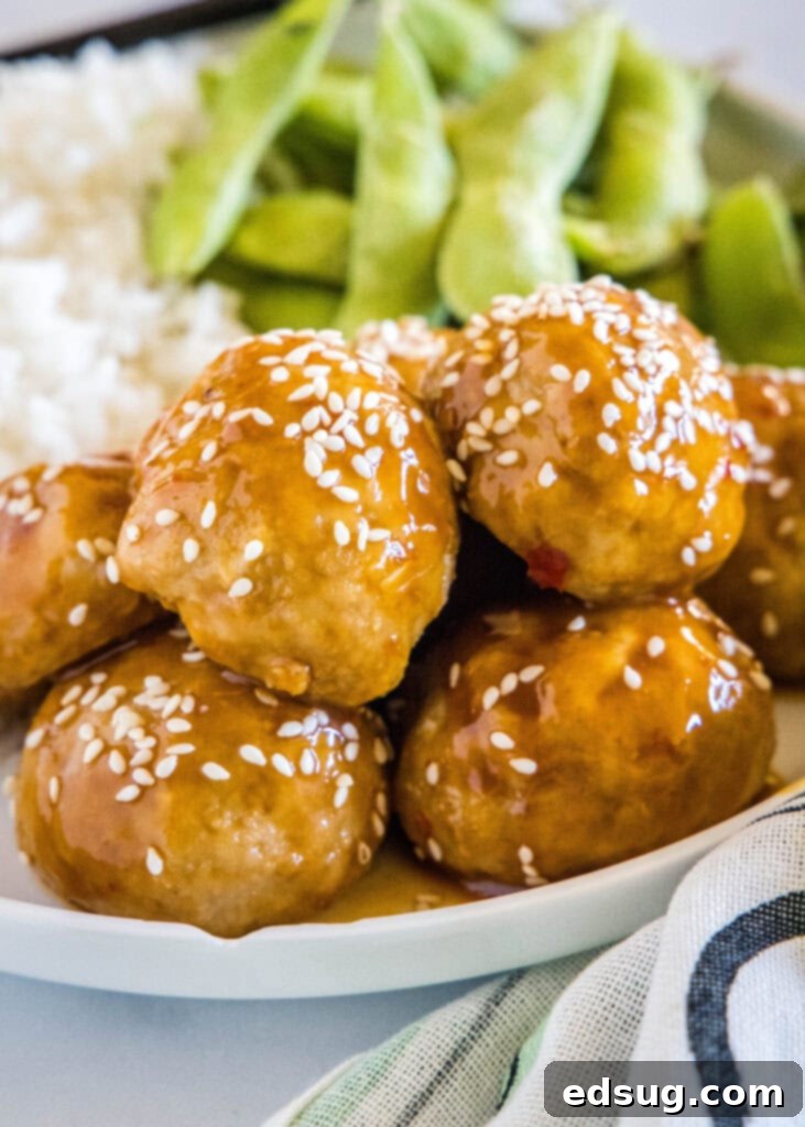kung pao chicken meatballs on a plate with rice and edamame, garnished with sesame seeds and green onions