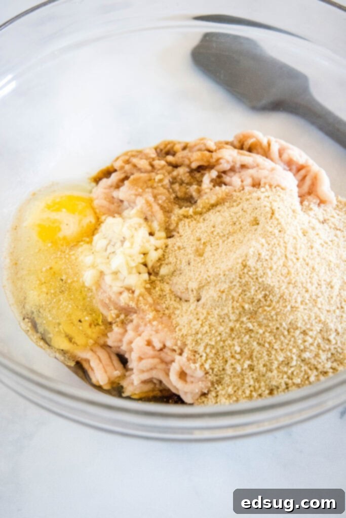 A bowl filled with ground chicken and other meatball ingredients like breadcrumbs, egg, garlic, and ginger