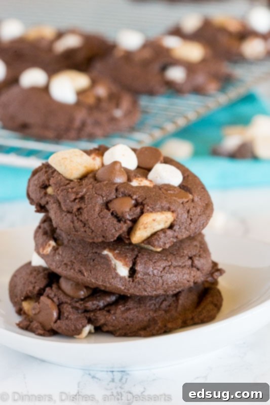 S'mores Chocolate Cake Mix Cookies - super easy cake mix cookies loaded with marshmallows, more chocolate, and graham cracker pieces. Soft, chewy, and fudgy chocolate cookie perfection! Stacked S'mores Chocolate Cake Mix Cookies, showcasing gooey marshmallows and chocolate