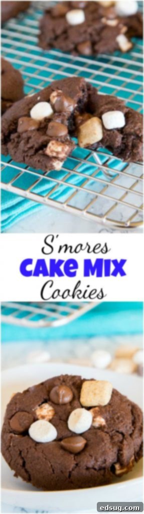 S'mores Chocolate Cake Mix Cookies - super easy cake mix cookies loaded with marshmallows, more chocolate, and graham cracker pieces. Soft, chewy, and fudgy chocolate cookie perfection! #cookies #chocolate #dessert #cakemixcookies #smores #baking Collage of S'mores Chocolate Cake Mix Cookies from various angles, emphasizing their delicious, chewy, and fudgy appearance.