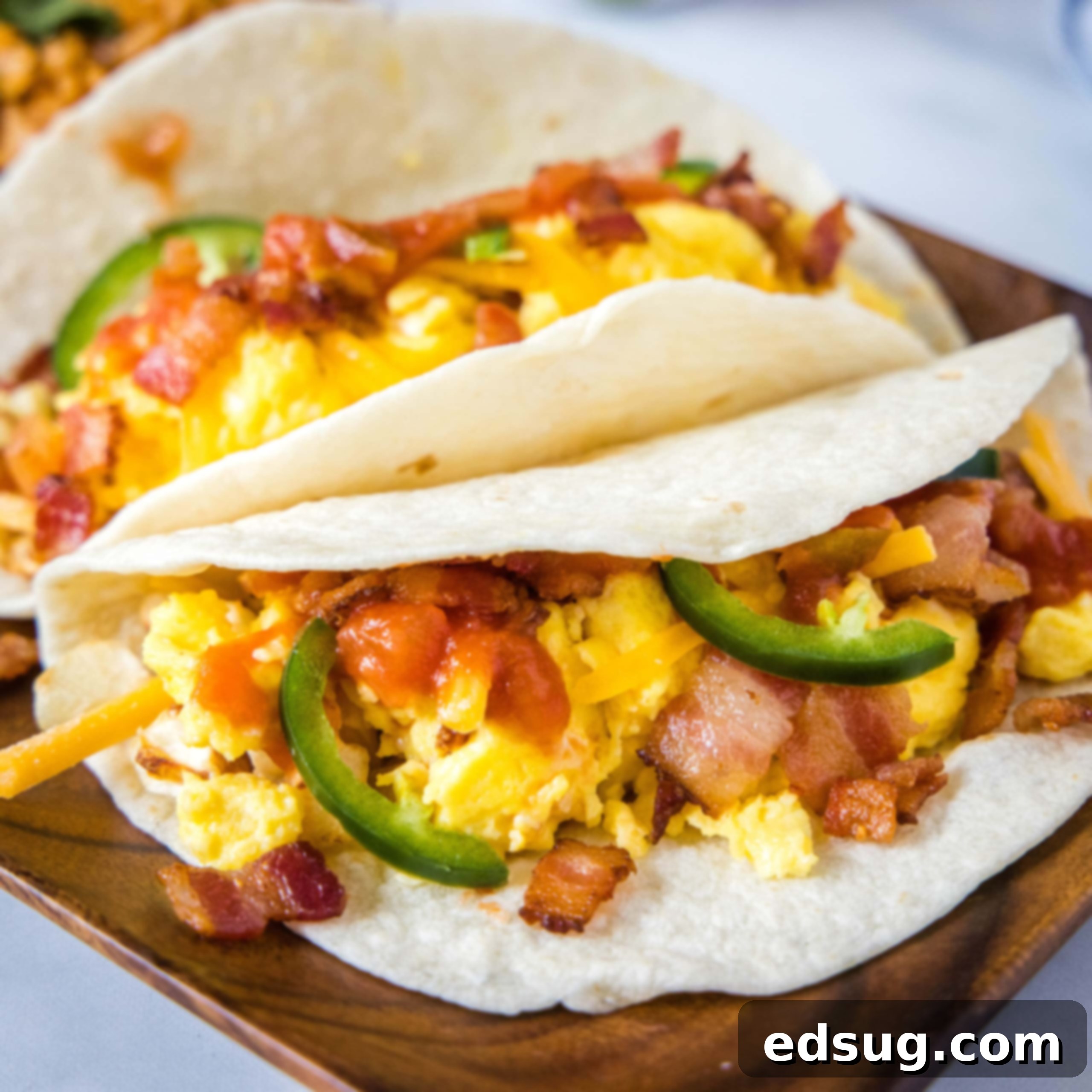 Close up of delicious breakfast tacos on a plate, brimming with savory fillings.