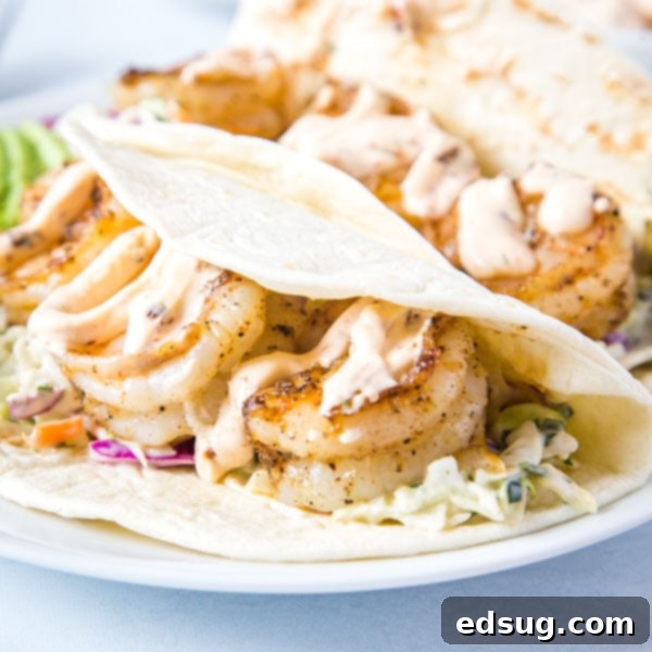 Delicious shrimp tacos arranged on a plate, garnished and ready to serve.