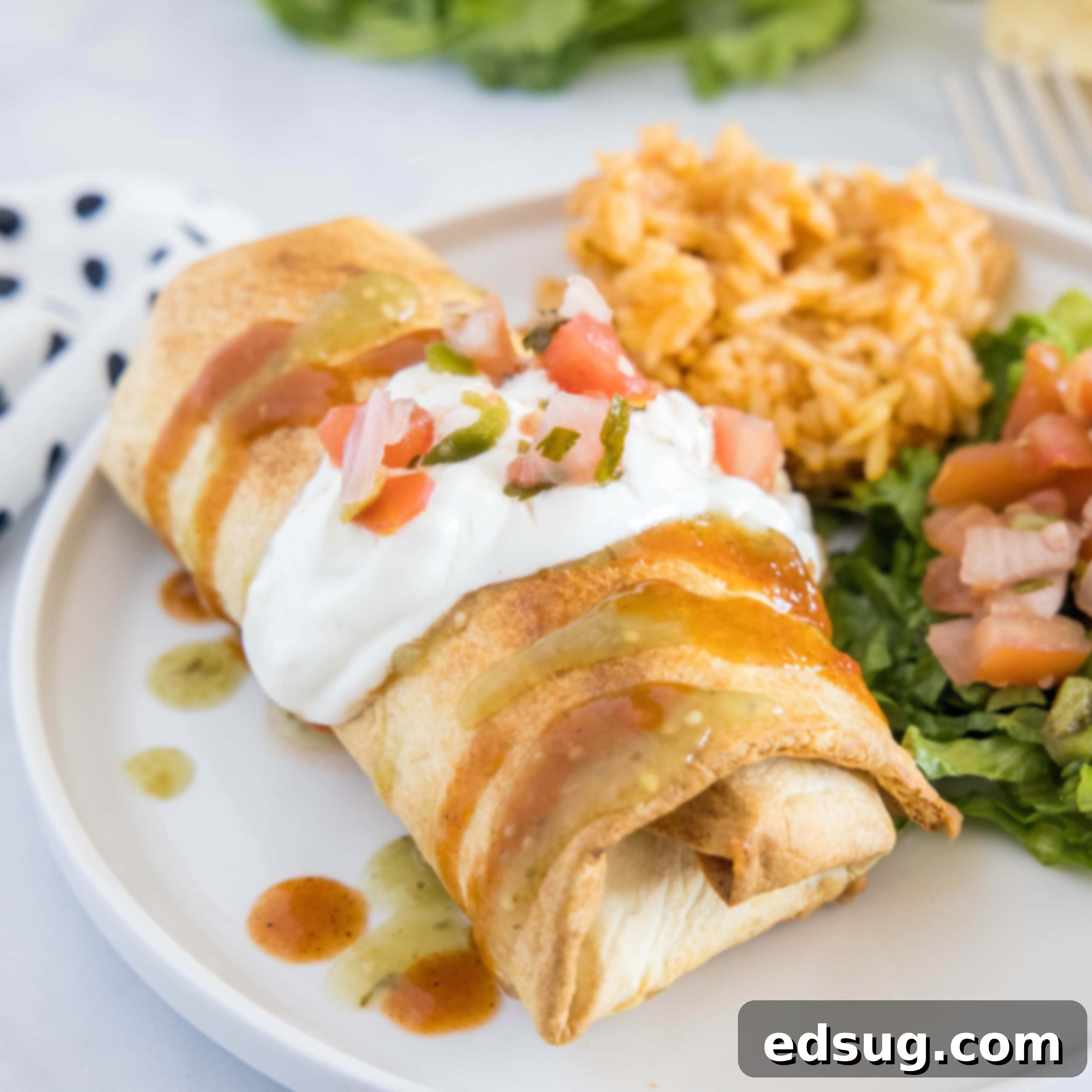 A golden and crispy air fryer chimichanga topped with sour cream and diced tomatoes, ready to serve.