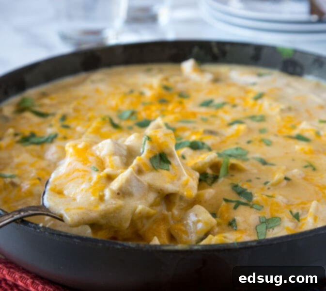 A sizzling skillet with cheesy chicken enchilada filling, ready to be served.