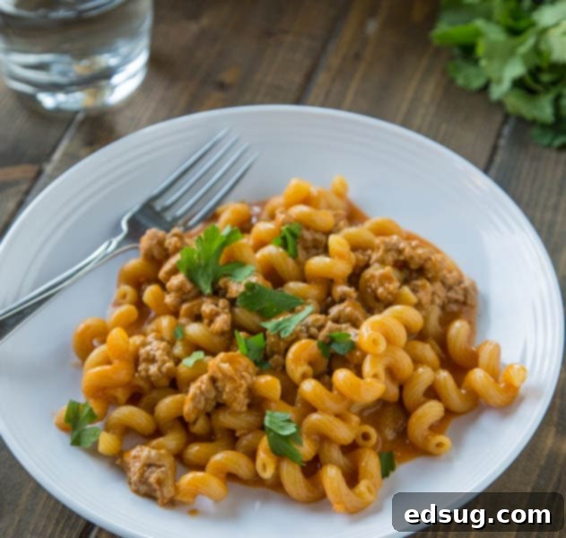 Cropped image of a cheesy enchilada pasta skillet on a white plate, ready to serve.