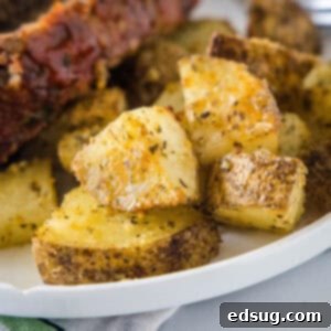Garlic Herb Roasted Potatoes 2 Close up of seasoned oven roasted potatoes on a plate.