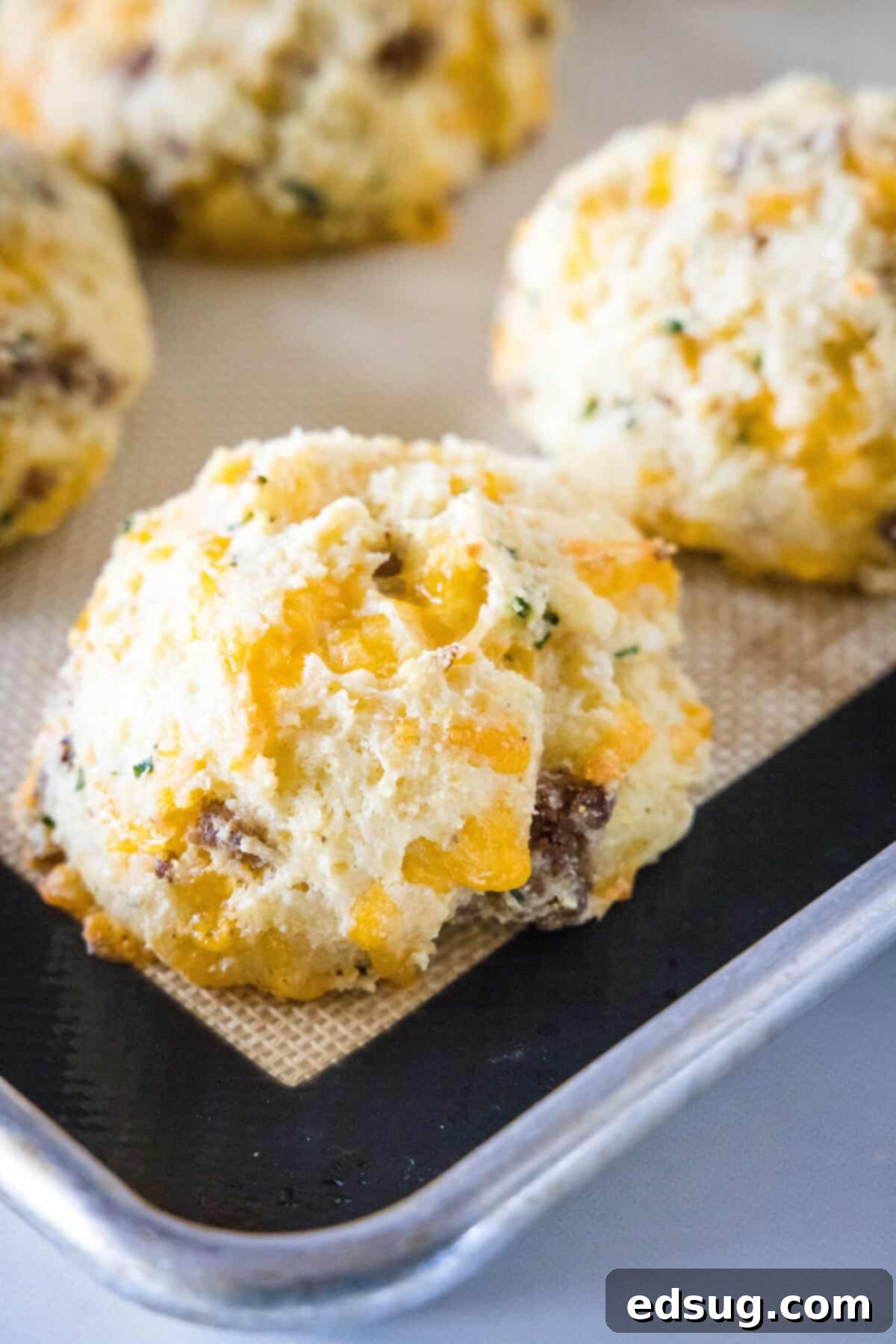 Cheesy Sausage Biscuit 4 A single baked cheese and sausage biscuit on a baking tray, showcasing its perfectly golden-brown crust and inviting texture.