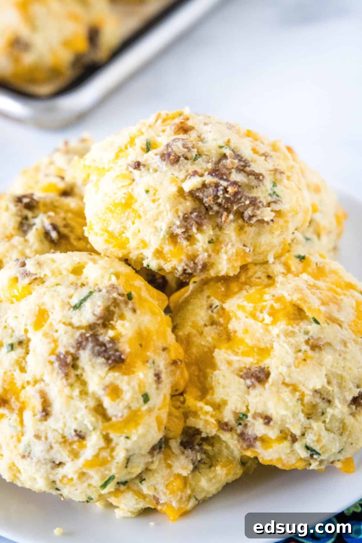 Delicious Cheese and Sausage Biscuits - a simple recipe for savory, cheesy, and hearty breakfast biscuits. A close-up of a single cheese and sausage biscuit on a white plate, showing its flaky, tender interior with visible bits of cheese and sausage, inviting a bite.