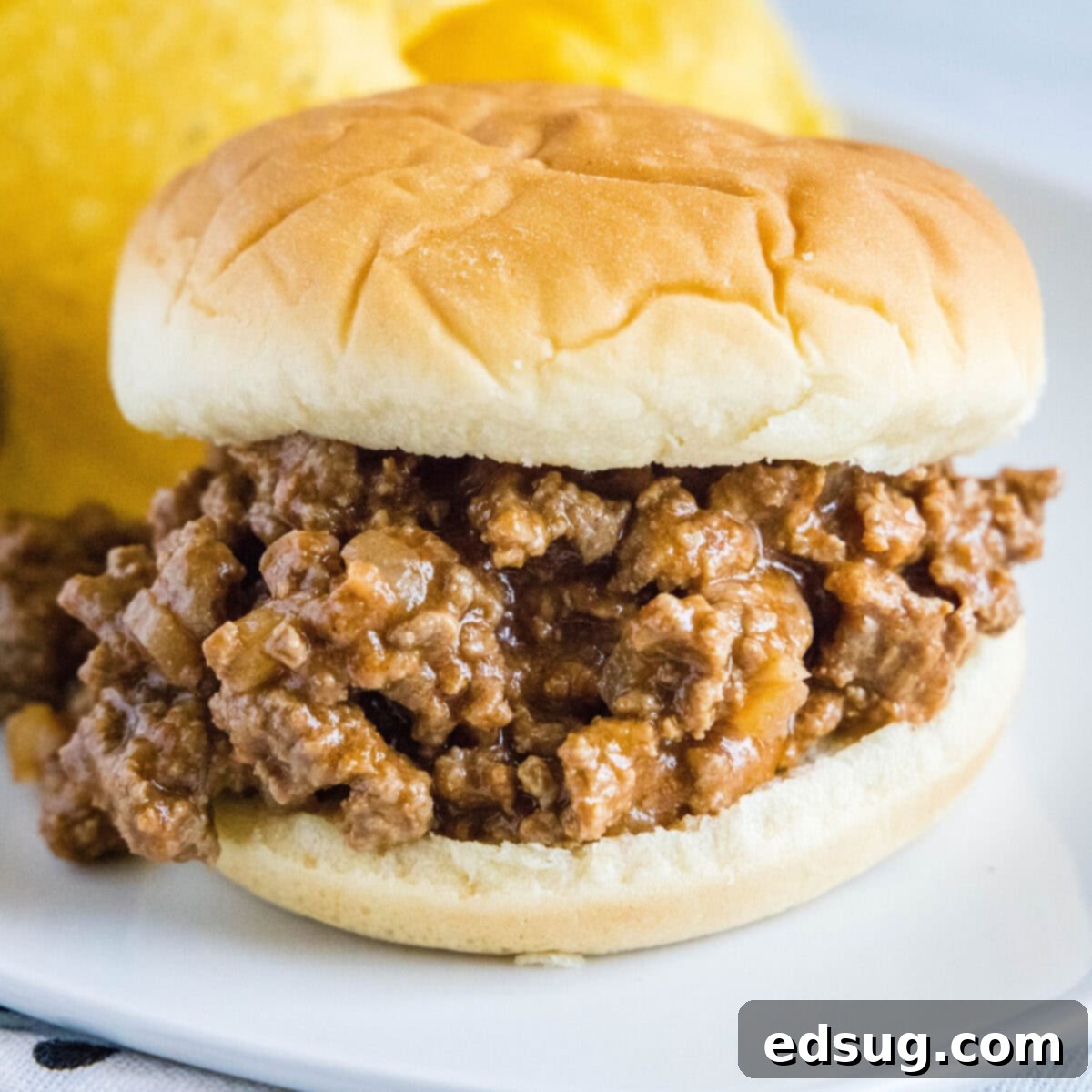 Close up of a delicious sloppy joe sandwich on a plate, served with a side of crispy potato chips.