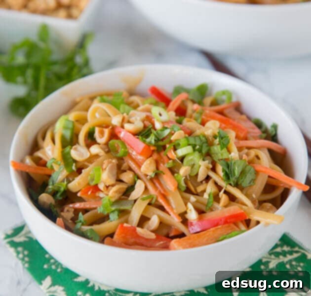 Thai Peanut Noodles - Super easy Asian noodles mixed with a creamy peanut butter sauce with bell peppers and carrots.