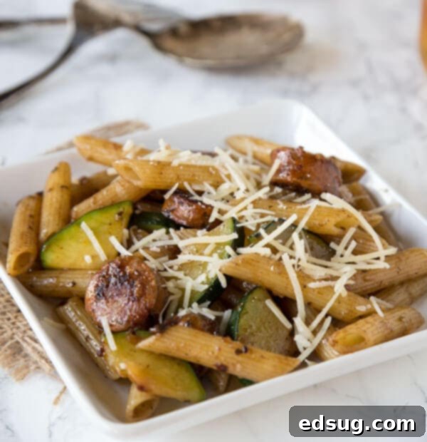 Balsamic Pasta with Chicken Sausage & Veggies - Pasta with sauteed veggies and chicken sausage tossed with a balsamic vinaigrette. Quick and easy weeknight meal, that is also good for you.