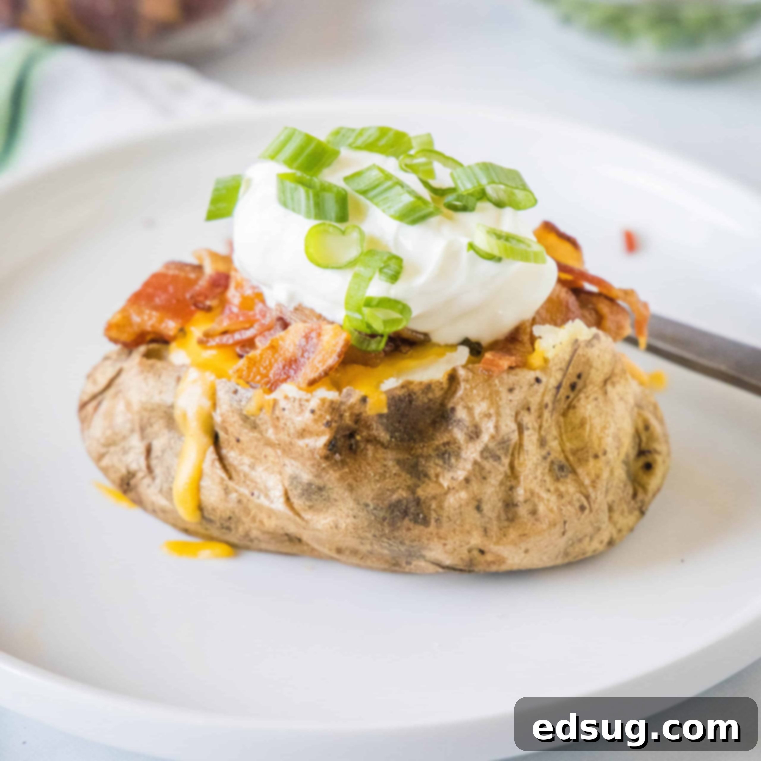 Cropped close-up of fully loaded baked potatoes, generously topped with melted cheese, crispy bacon, a dollop of sour cream, and fresh chives.
