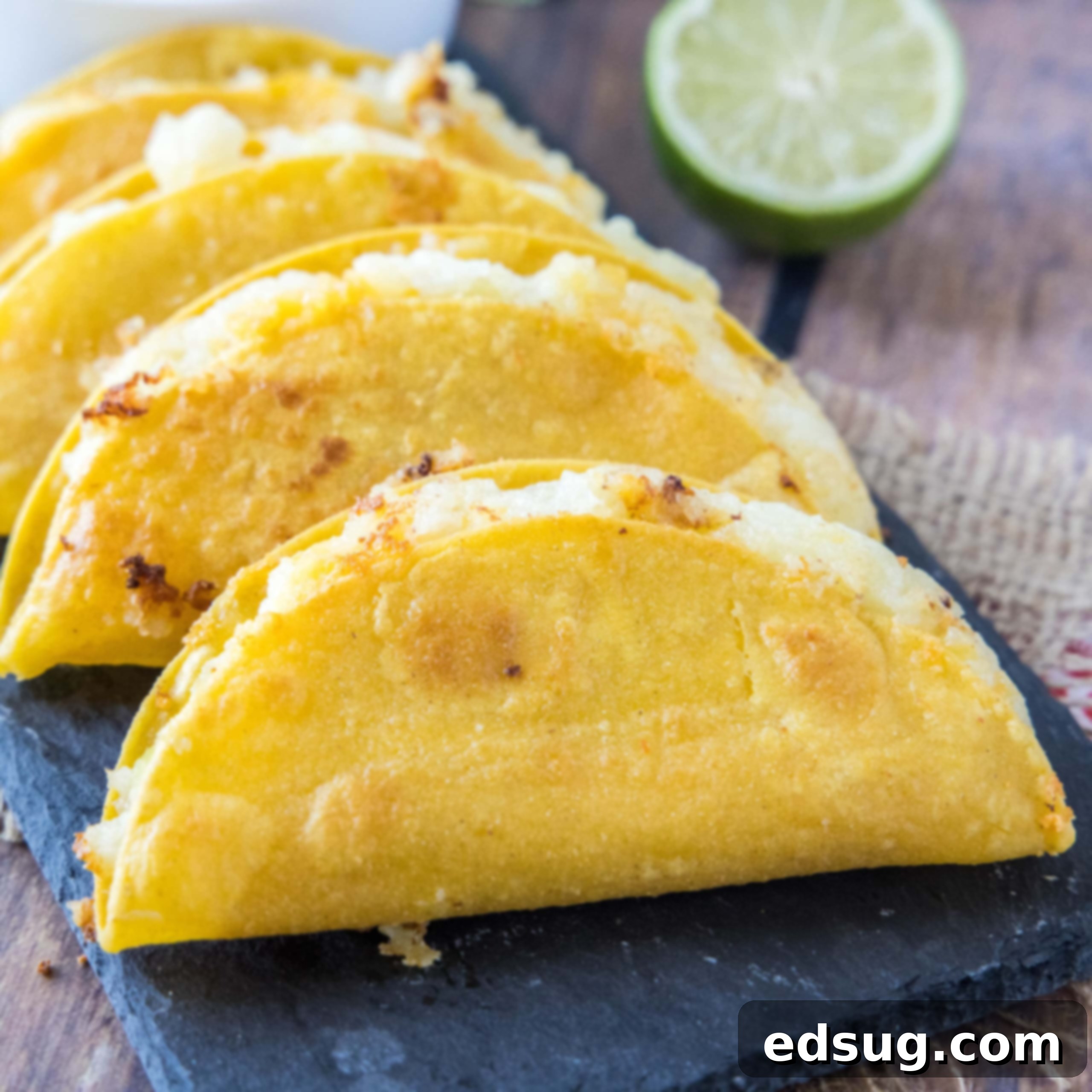 Close up of crispy potato tacos arranged on a tray, ready to be served. Each taco features golden fried tortillas filled with creamy mashed potatoes and cheese.