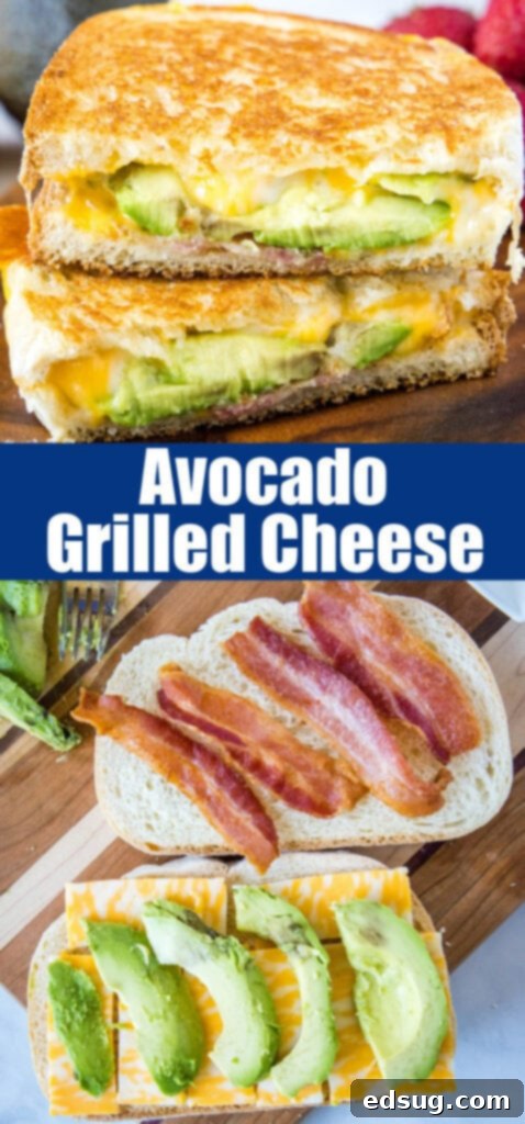 Close-up of a golden-brown avocado grilled cheese sandwich, highlighting the crispy bread and visible melted cheese.