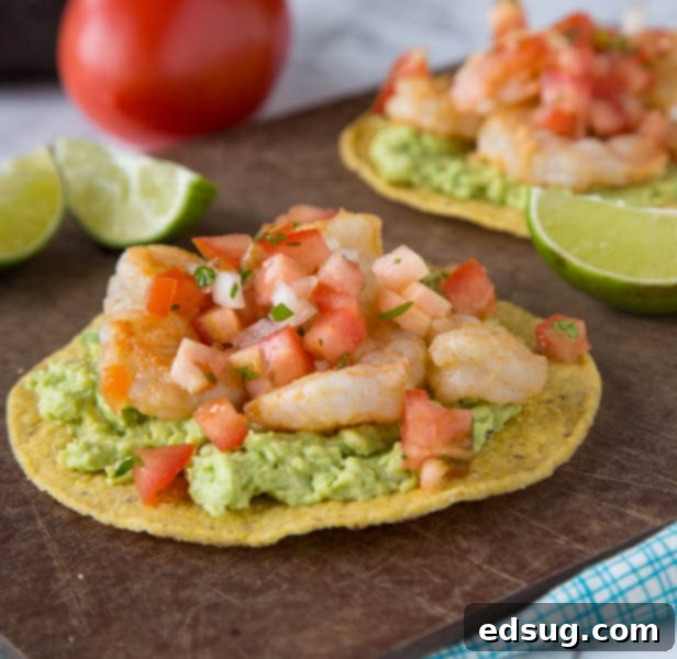 Crispy Shrimp & Avocado Tostadas with guacamole and salsa, a quick Mexican dinner.