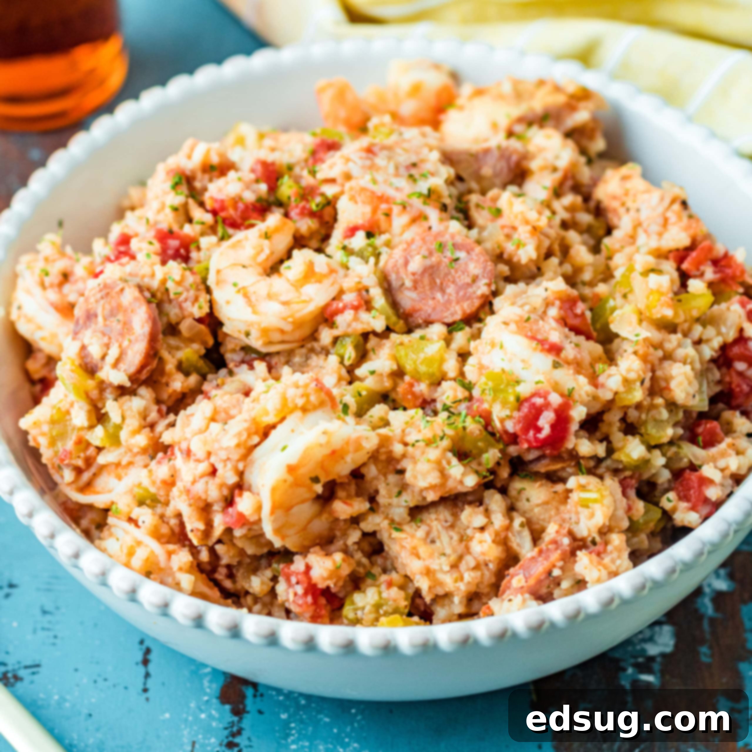 Close up of a bowl of comforting Slow Cooker Jambalaya with shrimp, sausage, and chicken.