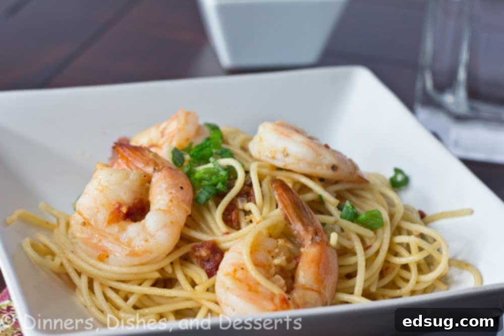 Speedy Shrimp Pasta with plump and juicy shrimp, garlic, and onions.