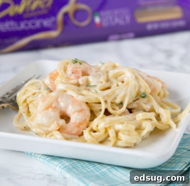 One Pan Fettuccine Alfredo with shrimp, a romantic and easy meal.