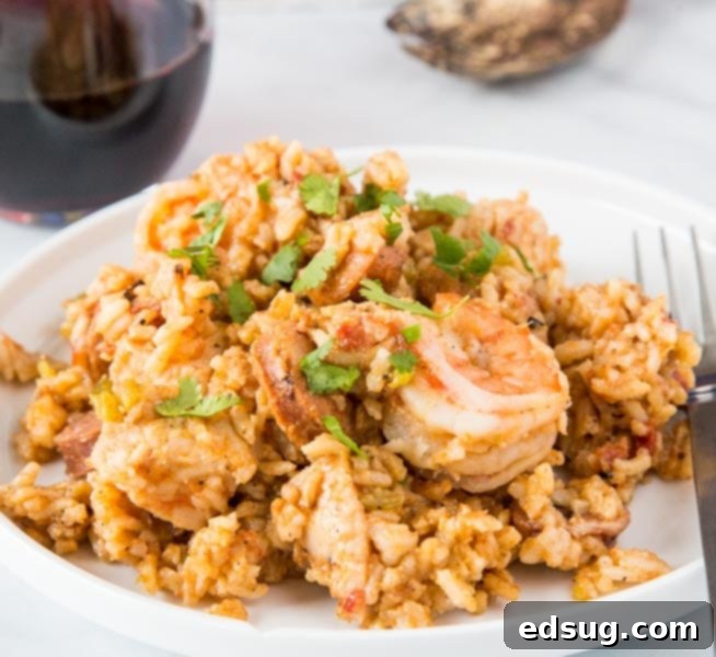A hearty plate of Instant Pot Jambalaya with chicken, sausage, and shrimp.