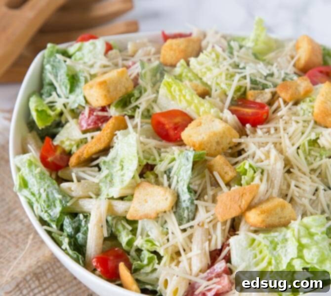 Creamy Caesar Pasta Salad with fresh croutons