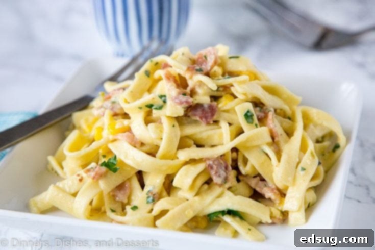 Creamy Pasta Carbonara with sweet corn and spicy chiles