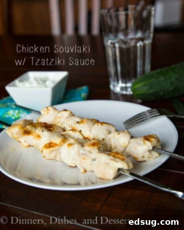 Grilled Chicken Souvlaki Skewers with a side of refreshing Tzatziki Sauce